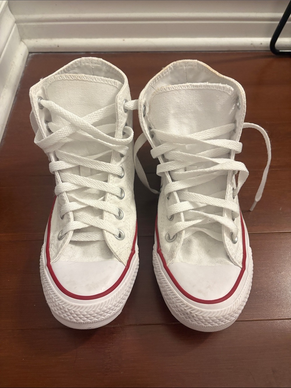 Converse Kids White High Top Sneakers with Red & Blue Accents